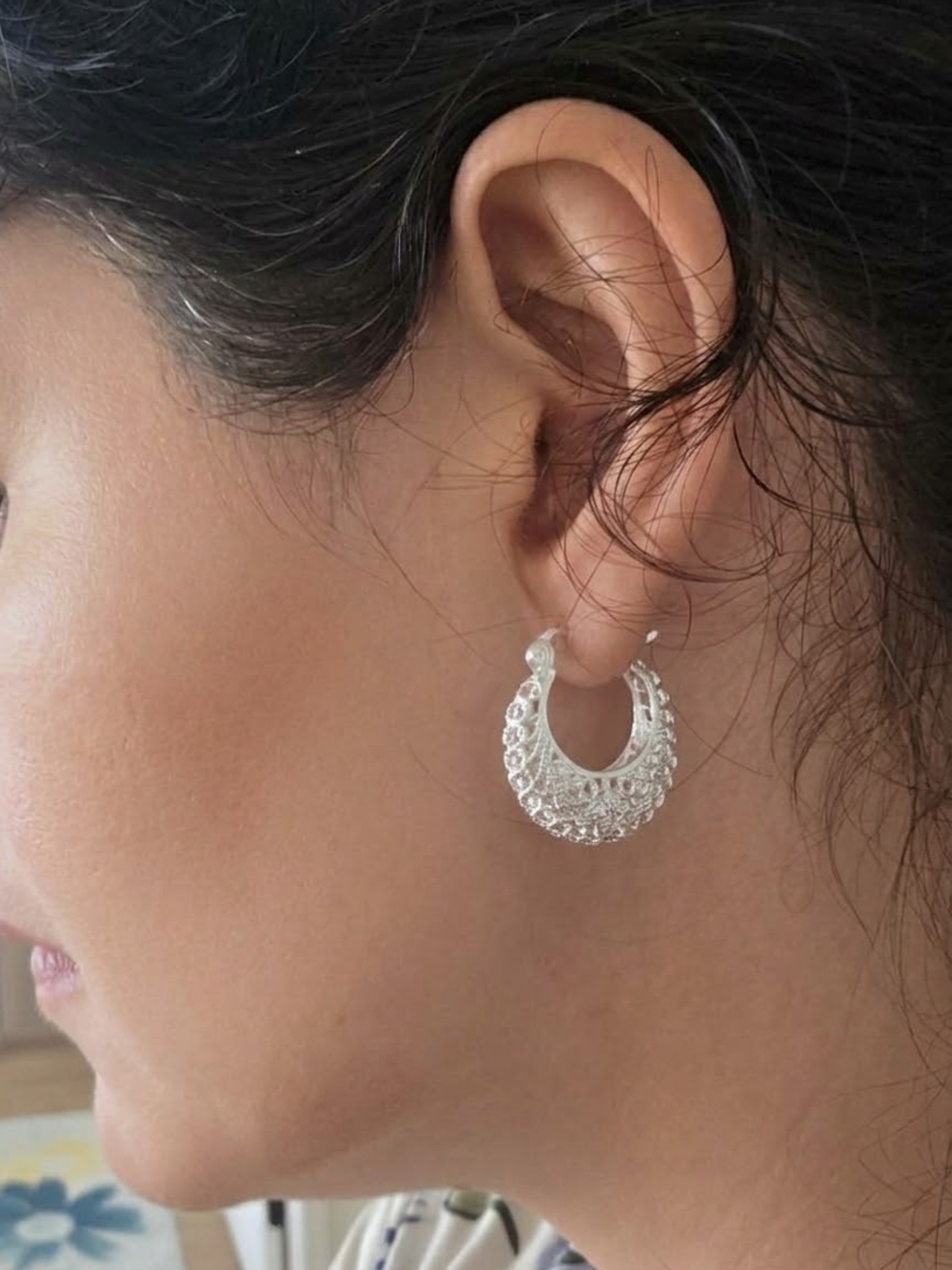 925 Silver Filigree Hoop Earring - Silver